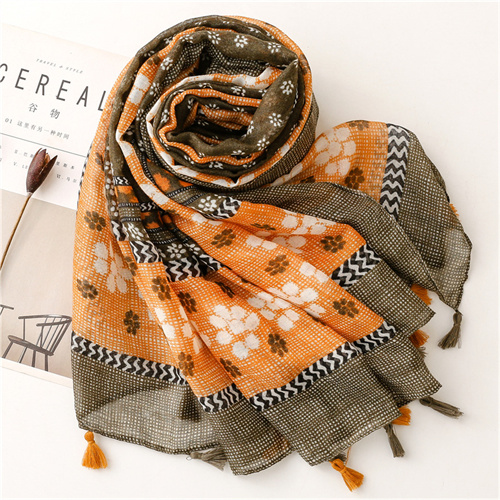 Retro ethnic cotton and hemp scarves womens four leaf floret fringed thin scarves wholesale