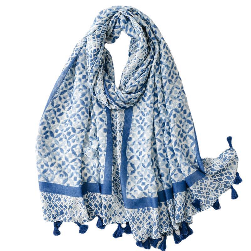 Cotton linen Satin scarves geometric four leaf flower scarves sunscreen scarves wholesale