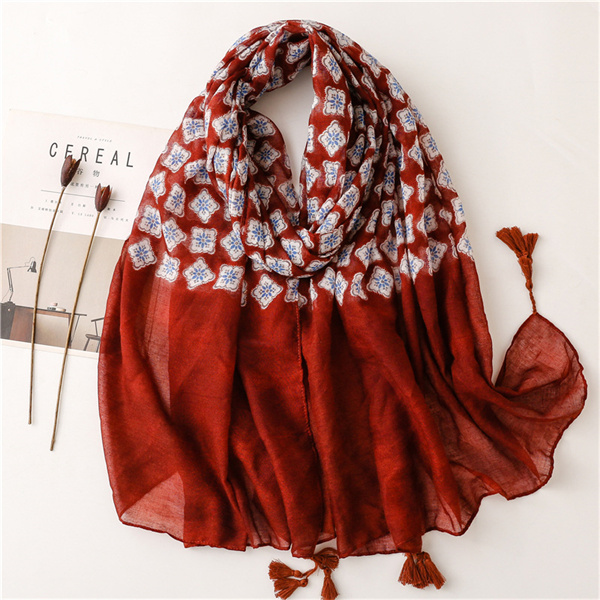 Cotton linen scarf jujube color contrast lattice sunscreen shawl silk scarf wholesale