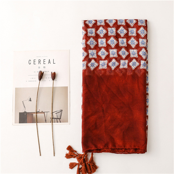 Cotton linen scarf jujube color contrast lattice sunscreen shawl silk scarf wholesale
