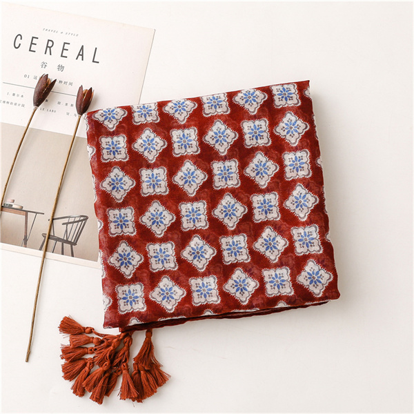 Cotton linen scarf jujube color contrast lattice sunscreen shawl silk scarf wholesale