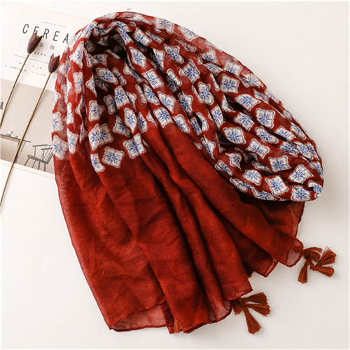 Cotton linen scarf jujube color contrast lattice sunscreen shawl silk scarf wholesale
