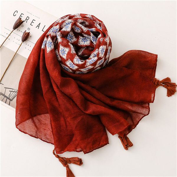 Cotton linen scarf jujube color contrast lattice sunscreen shawl silk scarf wholesale