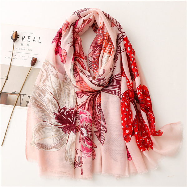 Gilded cotton linen hairline beach towel shawl pink flowers