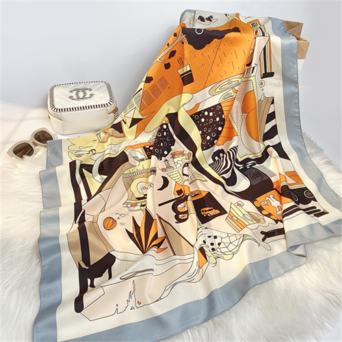 Cartoon imitation silk scarf medium long curled square scarf printing simple silk scarf