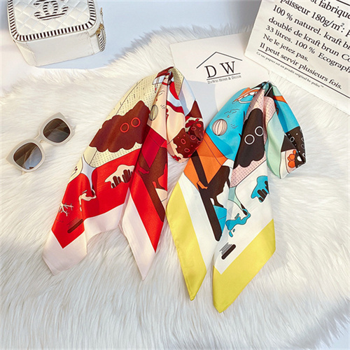 Cartoon imitation silk scarf medium long curled square scarf printing simple silk scarf