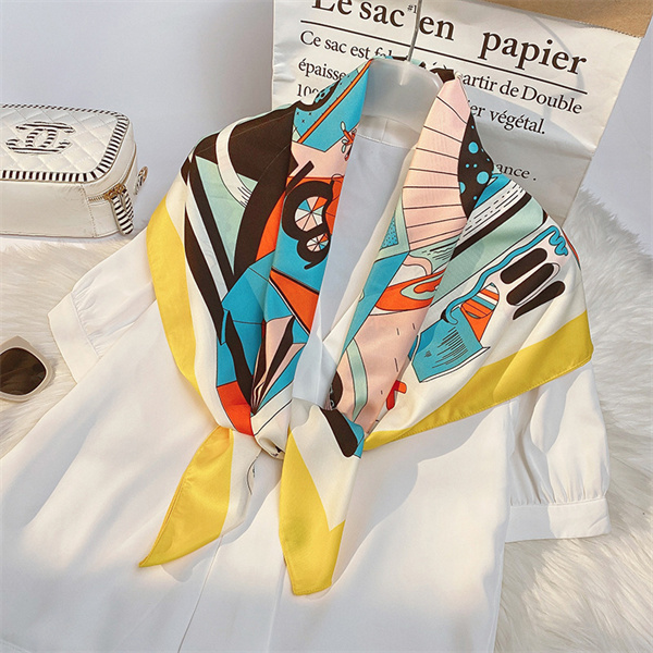 Cartoon imitation silk scarf medium long curled square scarf printing simple silk scarf