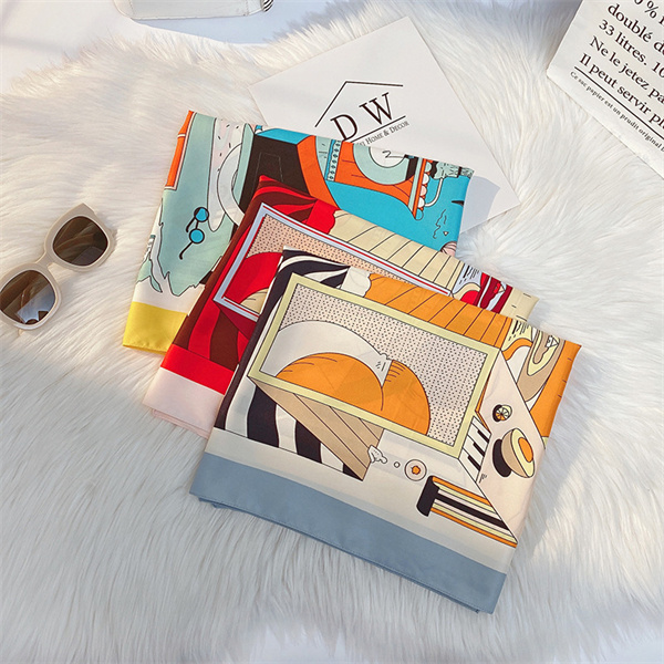 Cartoon imitation silk scarf medium long curled square scarf printing simple silk scarf