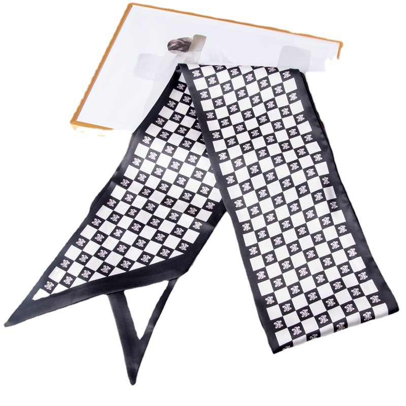 Long silk scarf sweet simulation silk hairband plaid printing bag silk scarf wholesale