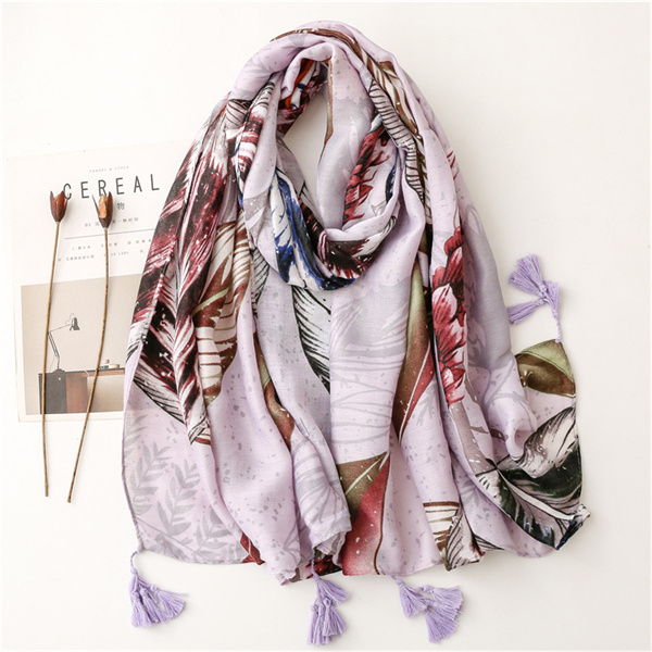 Cotton linen scarf fresh flowers leaves long tassel silk scarf