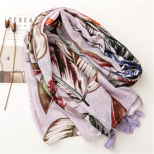 Cotton linen scarf fresh flowers leaves long tassel silk scarf
