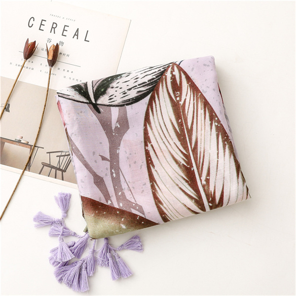 Cotton linen scarf fresh flowers leaves long tassel silk scarf