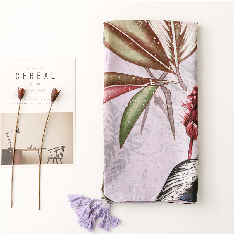 Cotton linen scarf fresh flowers leaves long tassel silk scarf