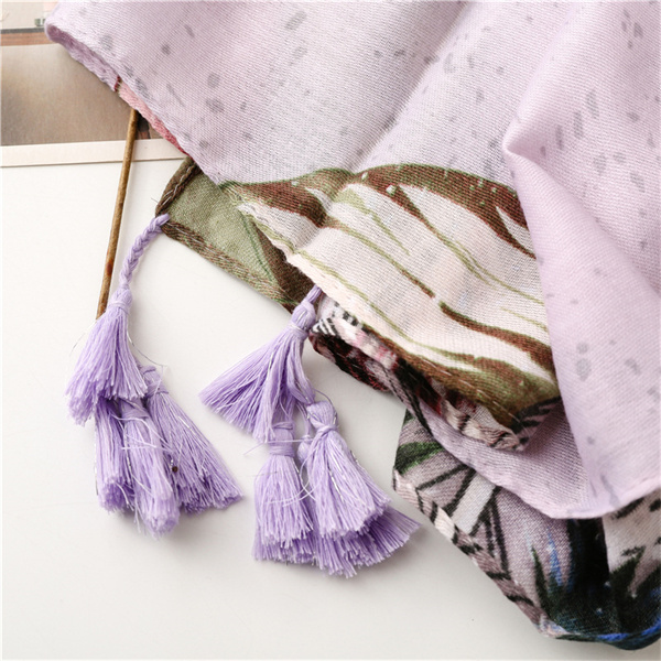 Cotton linen scarf fresh flowers leaves long tassel silk scarf