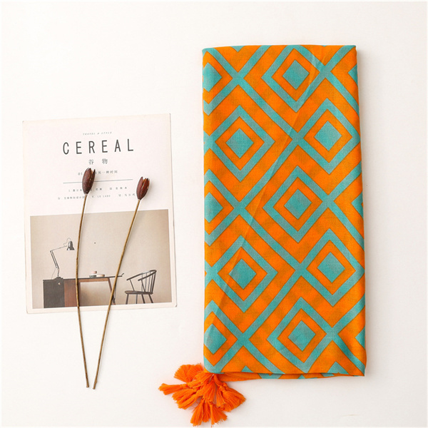 Cotton linen scarf fashion versatile orange diamond geometric sunscreen scarf
