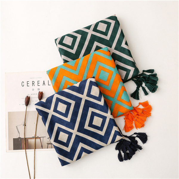 Cotton linen scarf fashion versatile orange diamond geometric sunscreen scarf
