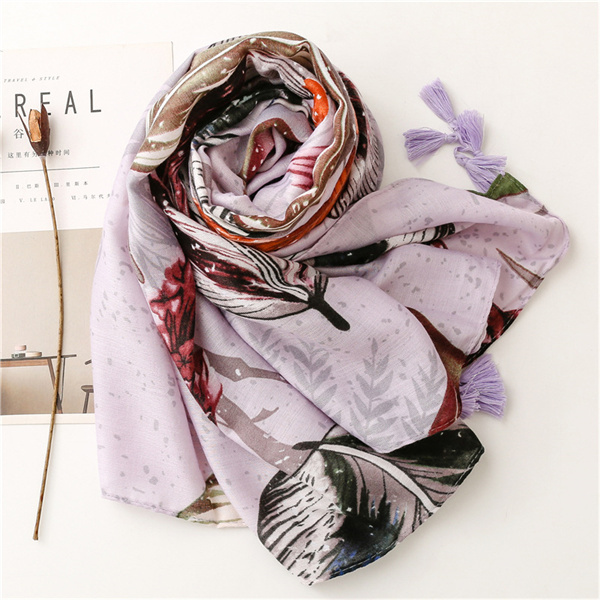 Cotton linen scarf fresh flowers leaves long tassel silk scarf