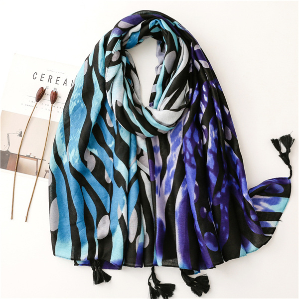 Navy line long tassel scarf sunscreen shawl cotton linen silk scarf
