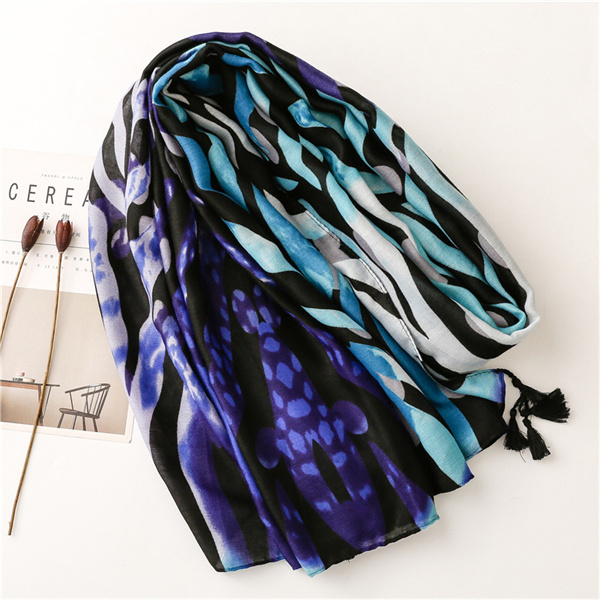 Navy line long tassel scarf sunscreen shawl cotton linen silk scarf