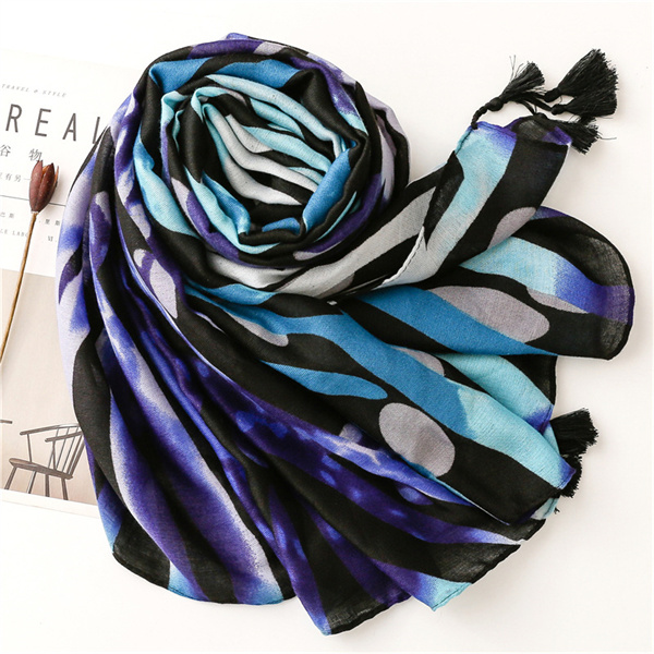 Navy line long tassel scarf sunscreen shawl cotton linen silk scarf