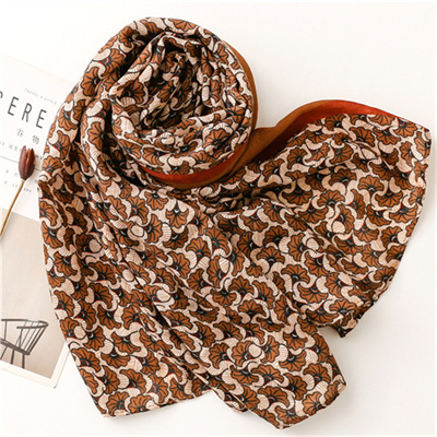 Fashion lady herringbone cotton linen scarf ginkgo flower leaf silk scarf wholesale
