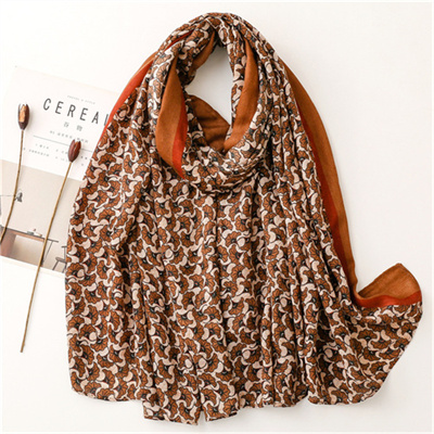 Fashion lady herringbone cotton linen scarf ginkgo flower leaf silk scarf wholesale