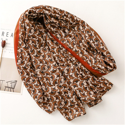 Fashion lady herringbone cotton linen scarf ginkgo flower leaf silk scarf wholesale