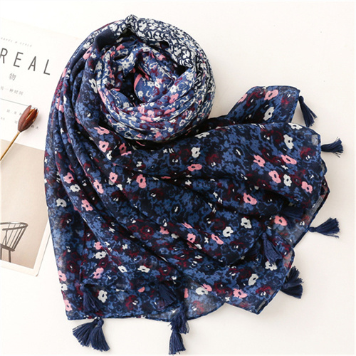 Dark Navy small Floral Cotton Linen scarf tourism fashion shawl