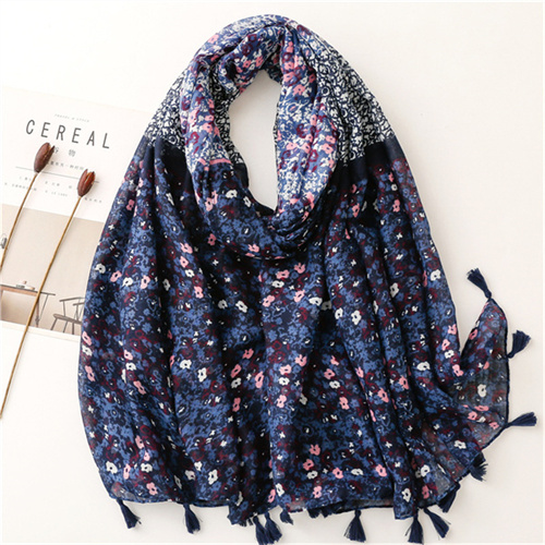 Dark Navy small Floral Cotton Linen scarf tourism fashion shawl