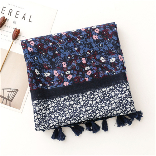 Dark Navy small Floral Cotton Linen scarf tourism fashion shawl