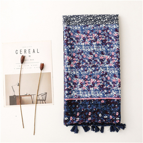 Dark Navy small Floral Cotton Linen scarf tourism fashion shawl