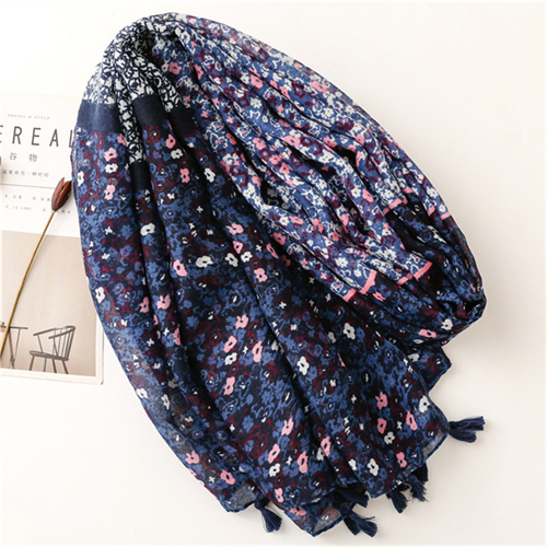 Dark Navy small Floral Cotton Linen scarf tourism fashion shawl