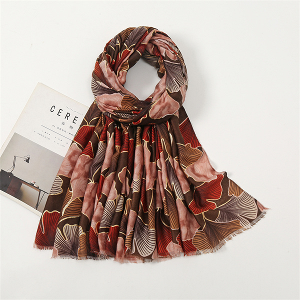Satin cotton thin gingko leaf printing cotton linen warm women scarf wholesale