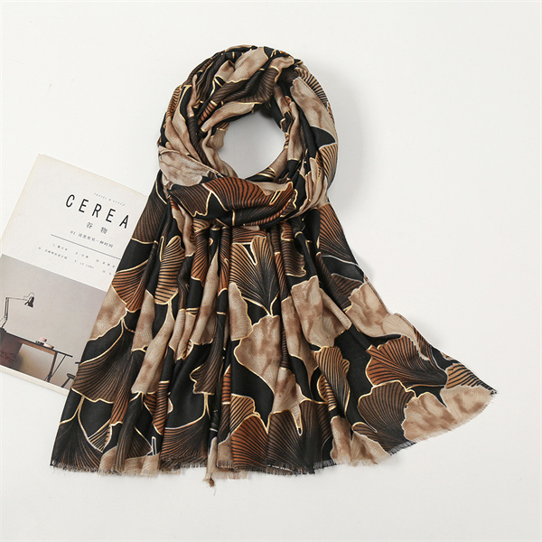 Satin cotton thin gingko leaf printing cotton linen warm women scarf wholesale