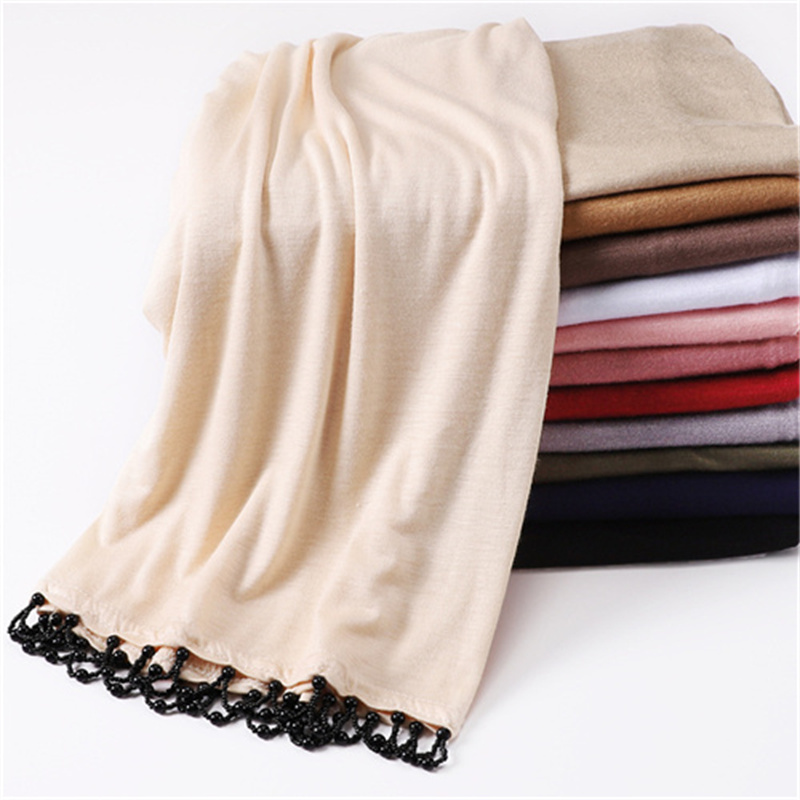 New solid color Handmade Beaded womens scarf monochrome mercerized cotton versatile scarf