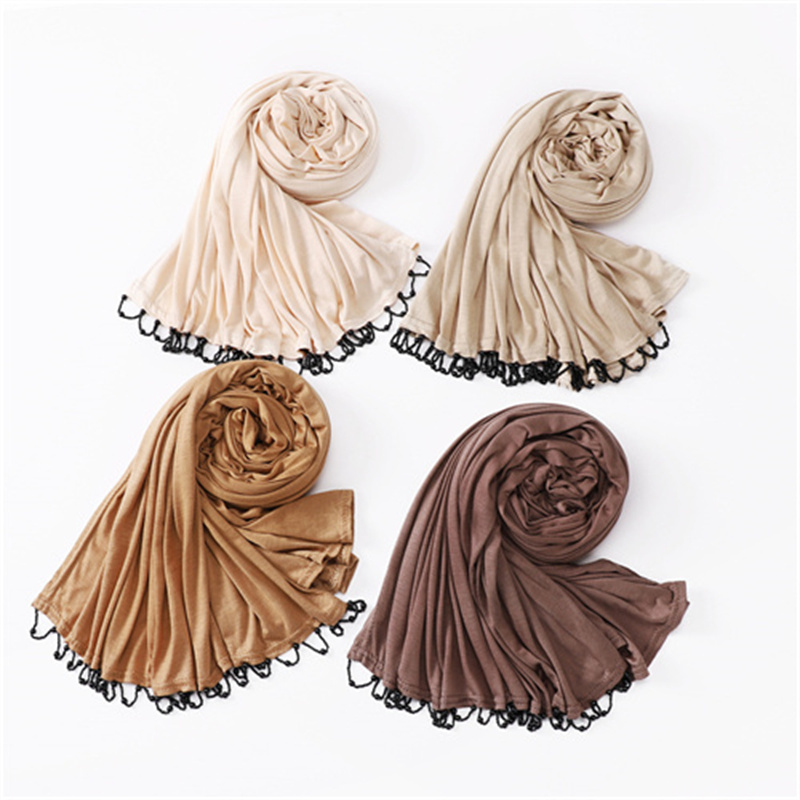 New solid color Handmade Beaded womens scarf monochrome mercerized cotton versatile scarf