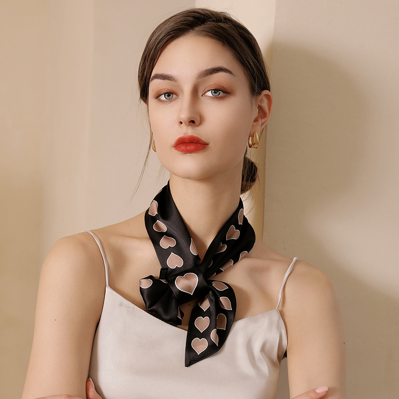 Black square scarf printed curled plain love ear silk scarf