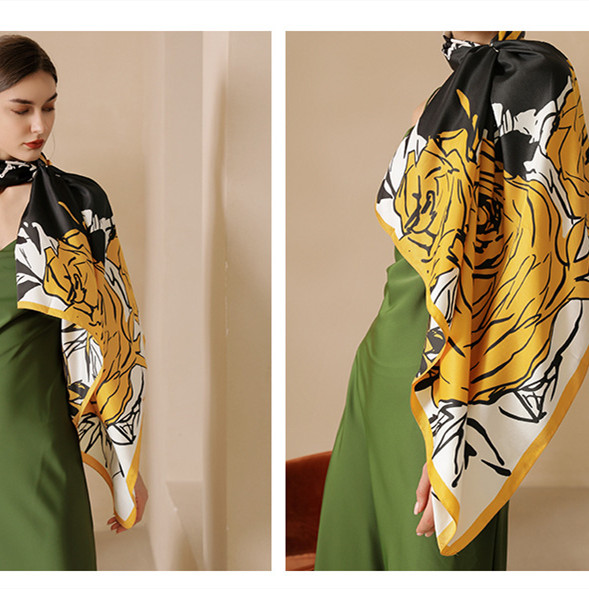 Imitation silk scarf female flower print decorative scarf Korean version large square scarf bag silk scarf wholesale