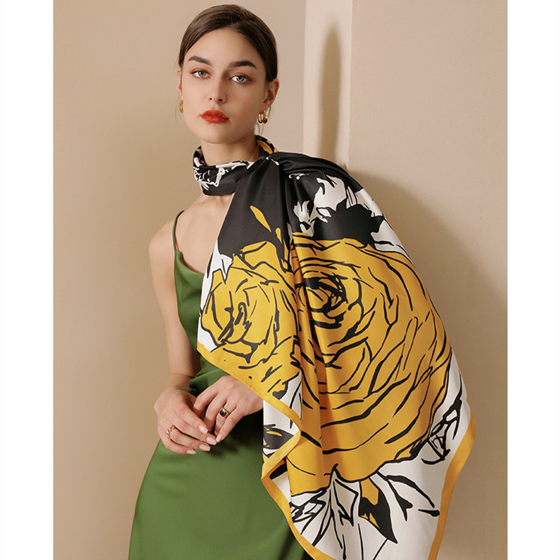 Imitation silk scarf female flower print decorative scarf Korean version large square scarf bag silk scarf wholesale