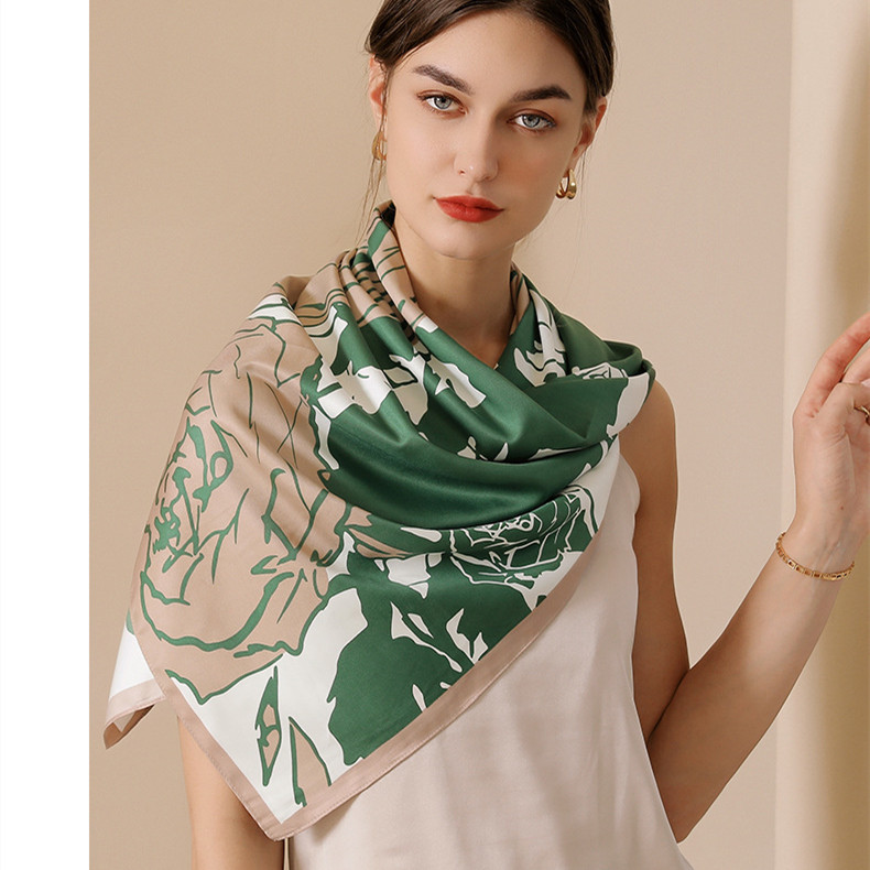 Imitation silk scarf female flower print decorative scarf Korean version large square scarf bag silk scarf wholesale
