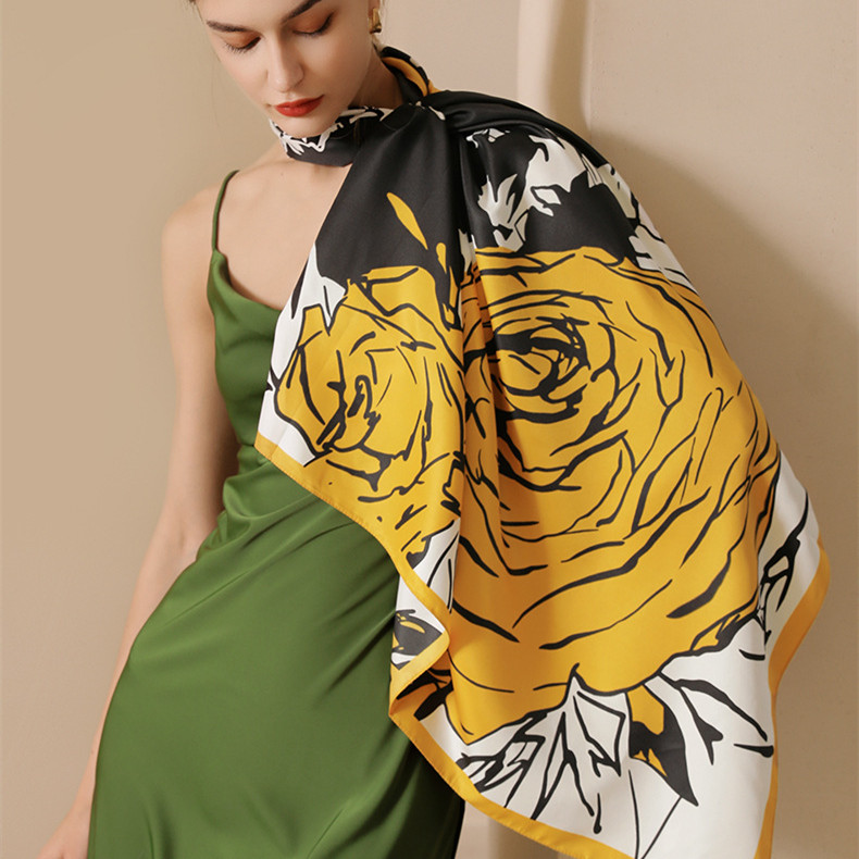 Imitation silk scarf female flower print decorative scarf Korean version large square scarf bag silk scarf wholesale