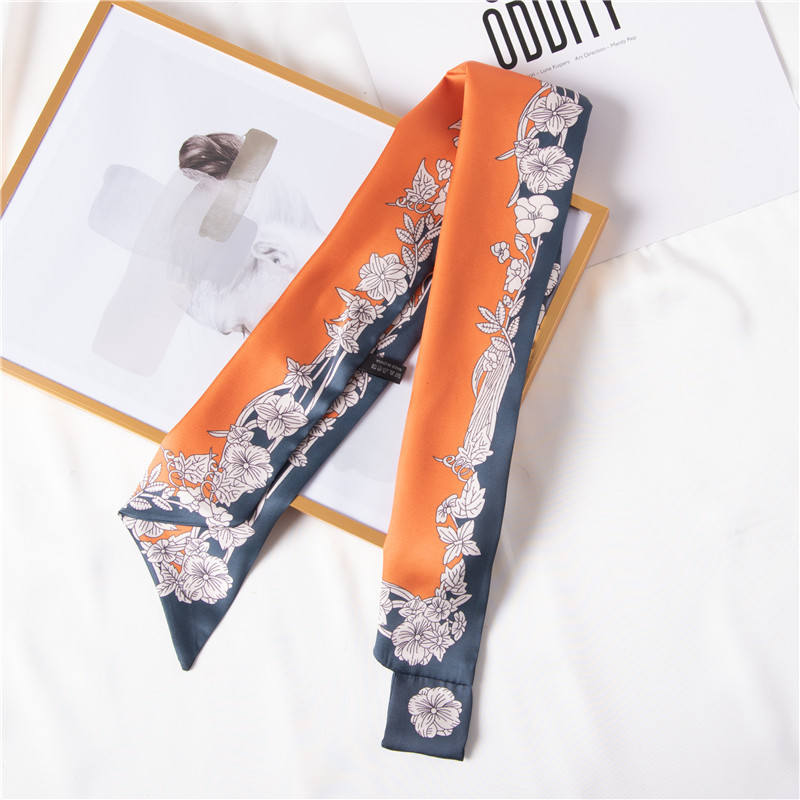 Orange small silk scarf binding bag hair band printing imitation silk long silk scarf wholesale