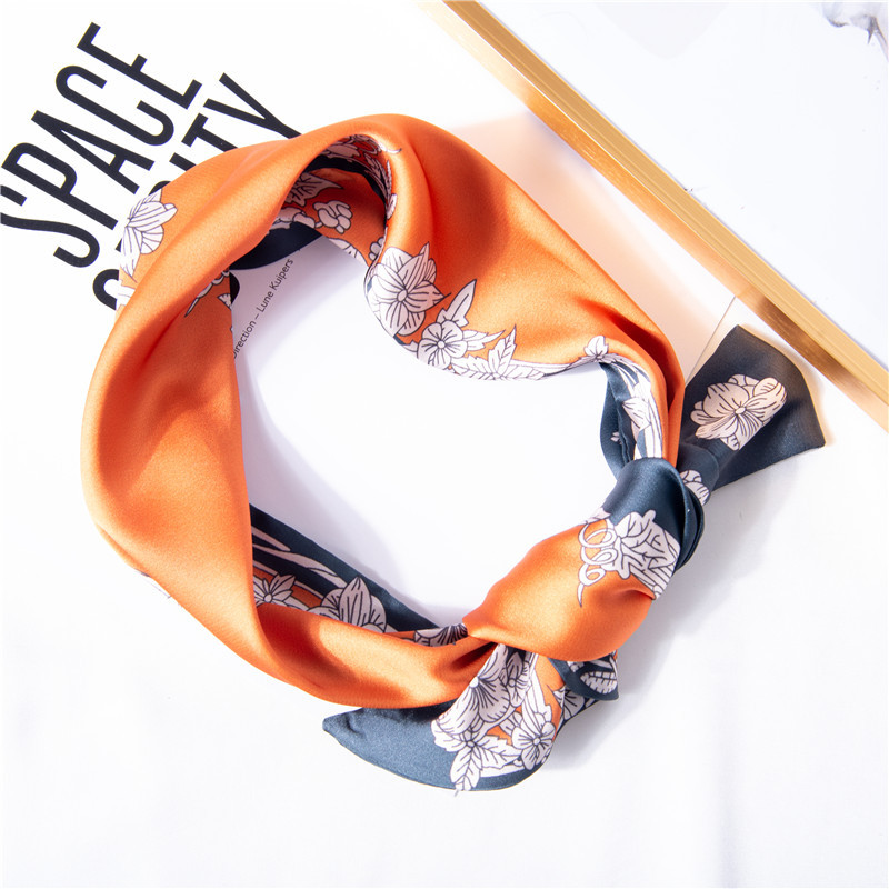 Orange small silk scarf binding bag hair band printing imitation silk long silk scarf wholesale