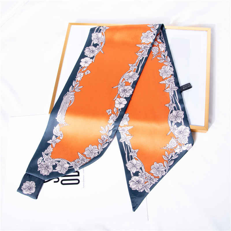 Orange small silk scarf binding bag hair band printing imitation silk long silk scarf wholesale