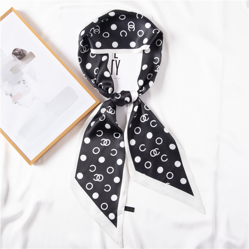 Summer new silk scarf simulation silk scarf black and white dot print ribbon Hair Band Scarf