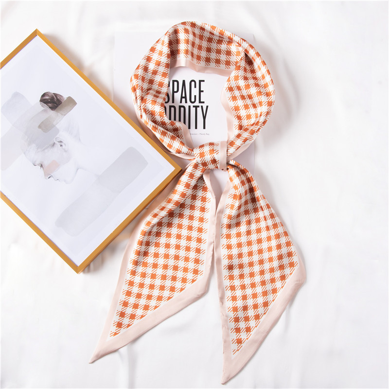 Plaid printed long silk scarf simulation silk hair band scarf wholesale