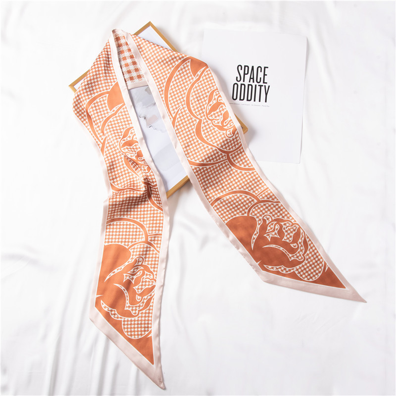 Plaid printed long silk scarf simulation silk hair band scarf wholesale