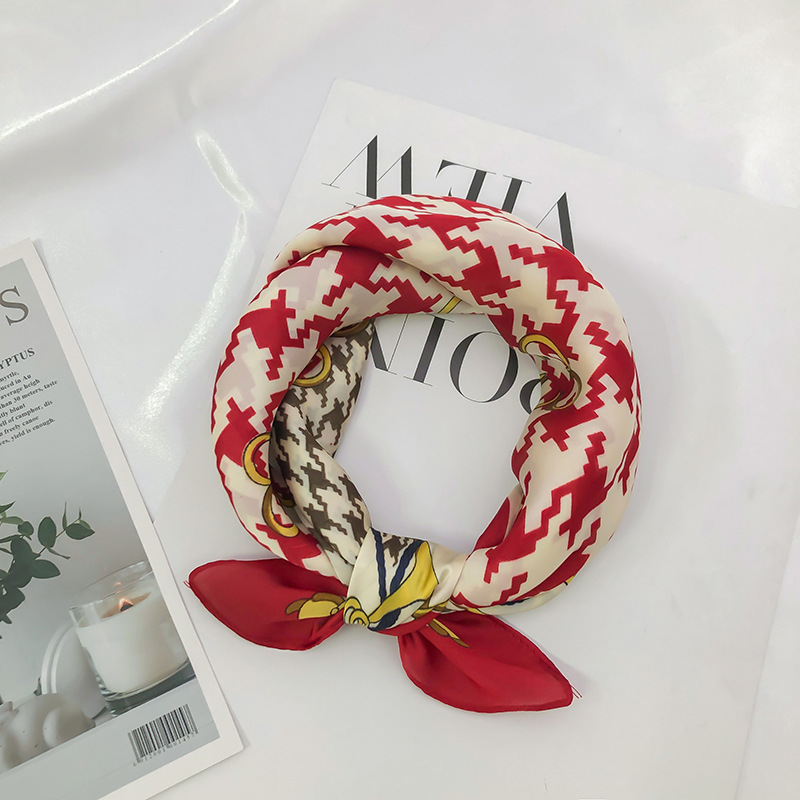 Plaid printed crimped scarf imitation silk small square scarf wholesale