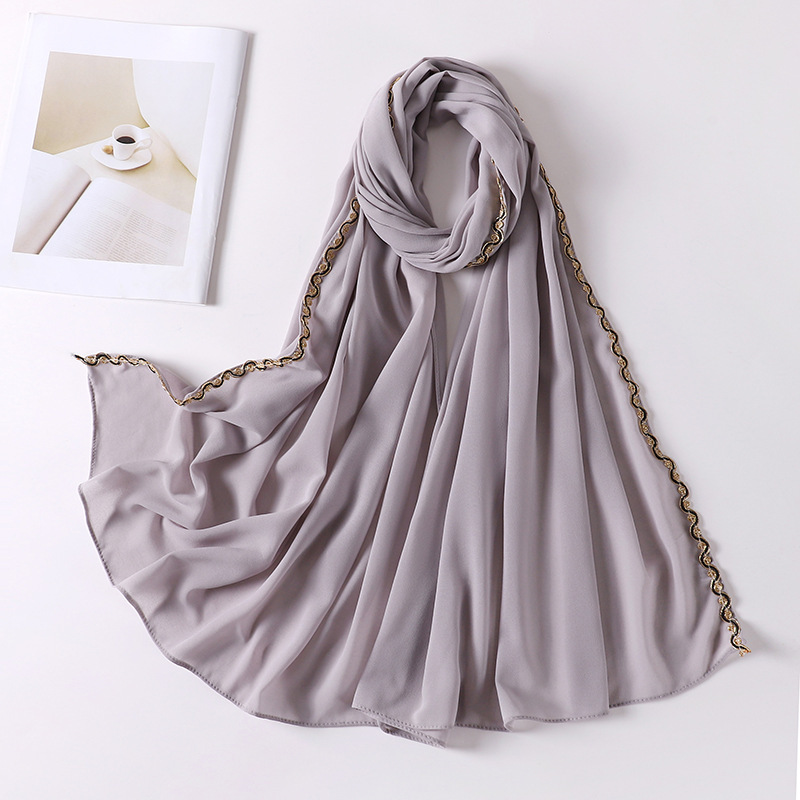 Pearl chiffon material scarf lace chain wrap head gauze head scarf wholesale