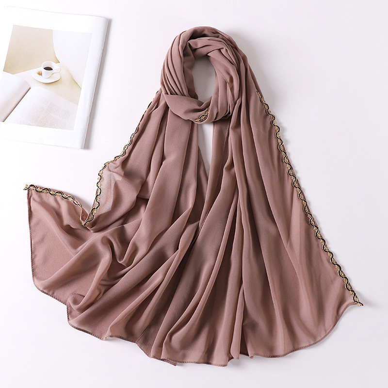 Pearl chiffon material scarf lace chain wrap head gauze head scarf wholesale